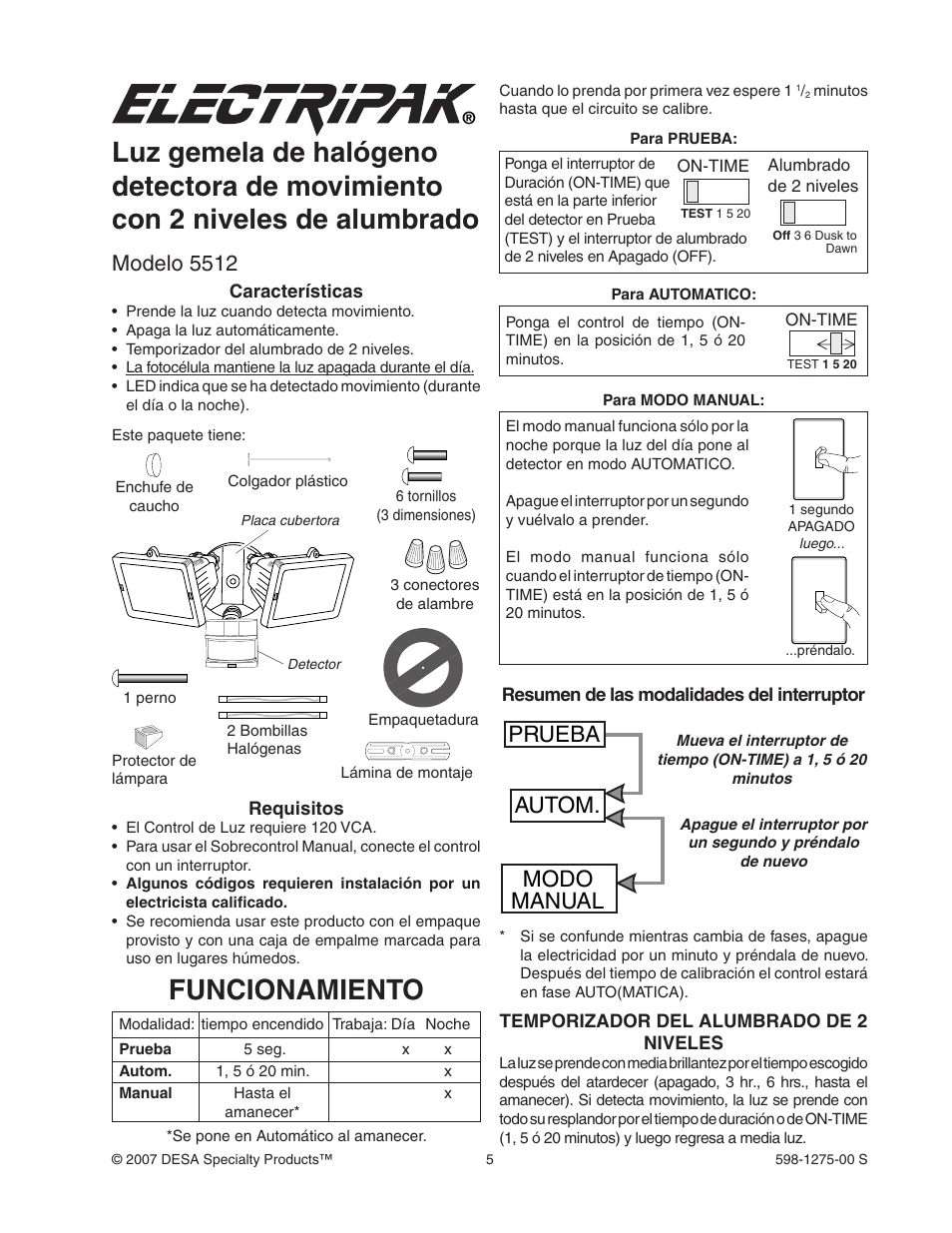 Funcionamiento, Prueba autom. modo manual, Modelo 5512 | Desa Twin Halogen Motion Sensing Light with 2-Level Lighting 5512 User Manual | Page 5 / 8