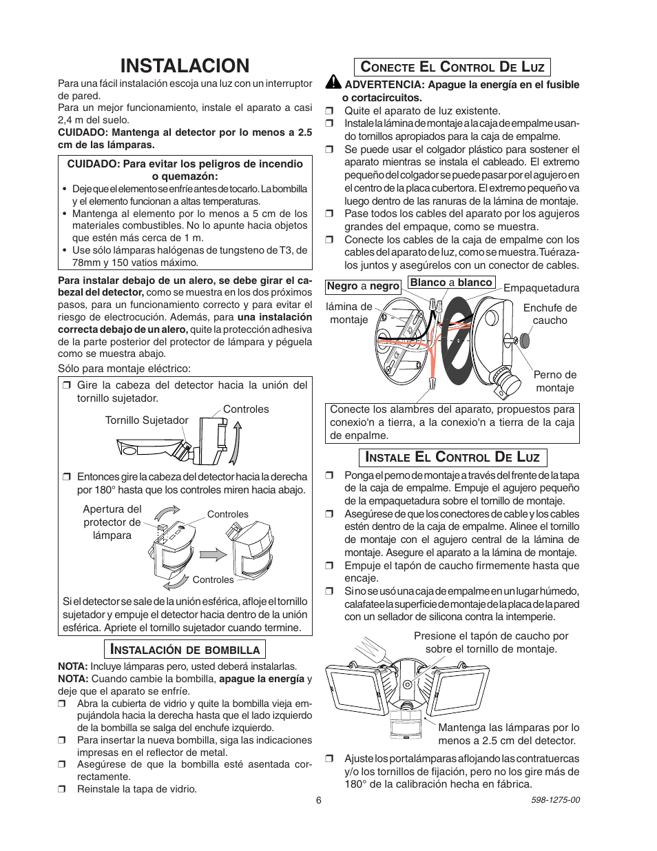 Instalacion | Desa Twin Halogen Motion Sensing Light with 2-Level Lighting 5512 User Manual | Page 6 / 8