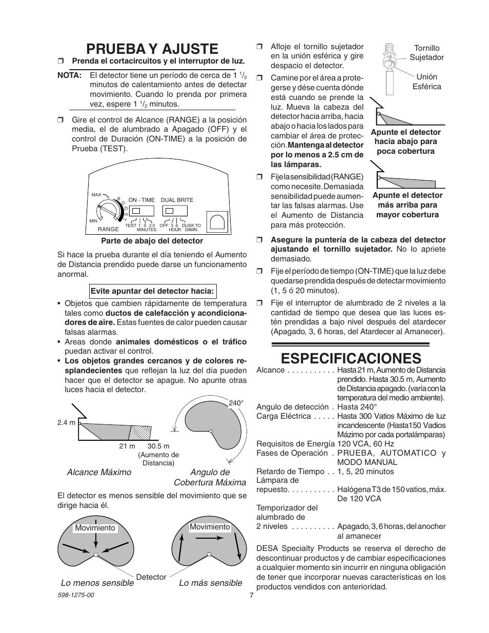 Prueba y ajuste, Especificaciones | Desa Twin Halogen Motion Sensing Light with 2-Level Lighting 5512 User Manual | Page 7 / 8