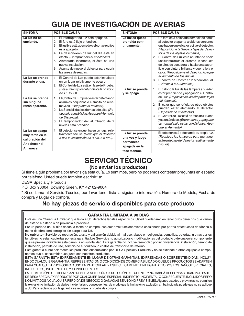 Guia de investigacion de averias servicio técnico, No enviar los productos) | Desa Twin Halogen Motion Sensing Light with 2-Level Lighting 5512 User Manual | Page 8 / 8