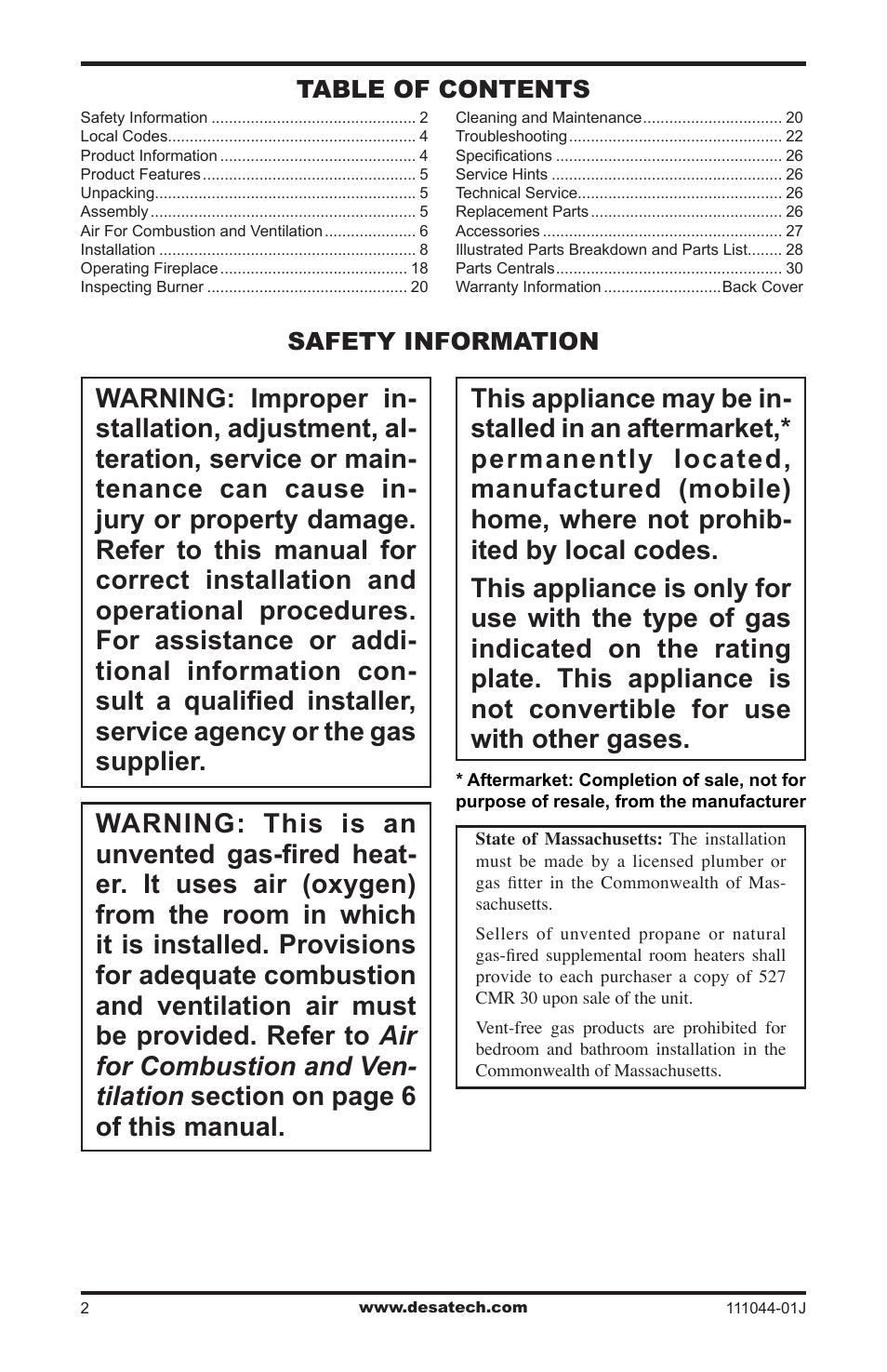 Safety information, Safety information table of contents | Desa CGCFTP  EN User Manual | Page 2 / 32