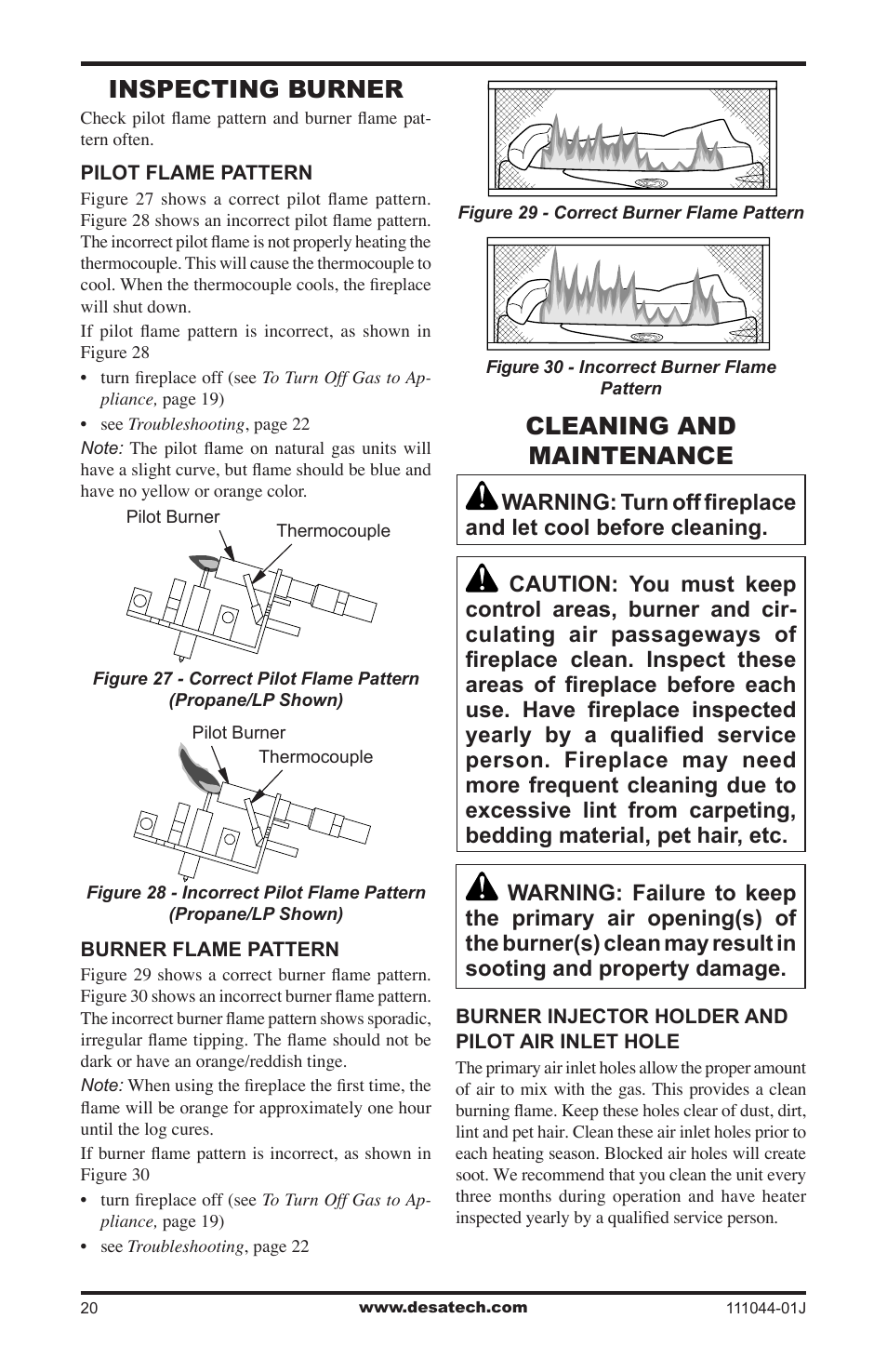 Inspecting burner, Cleaning and maintenance | Desa CGCFTP  EN User Manual | Page 20 / 32