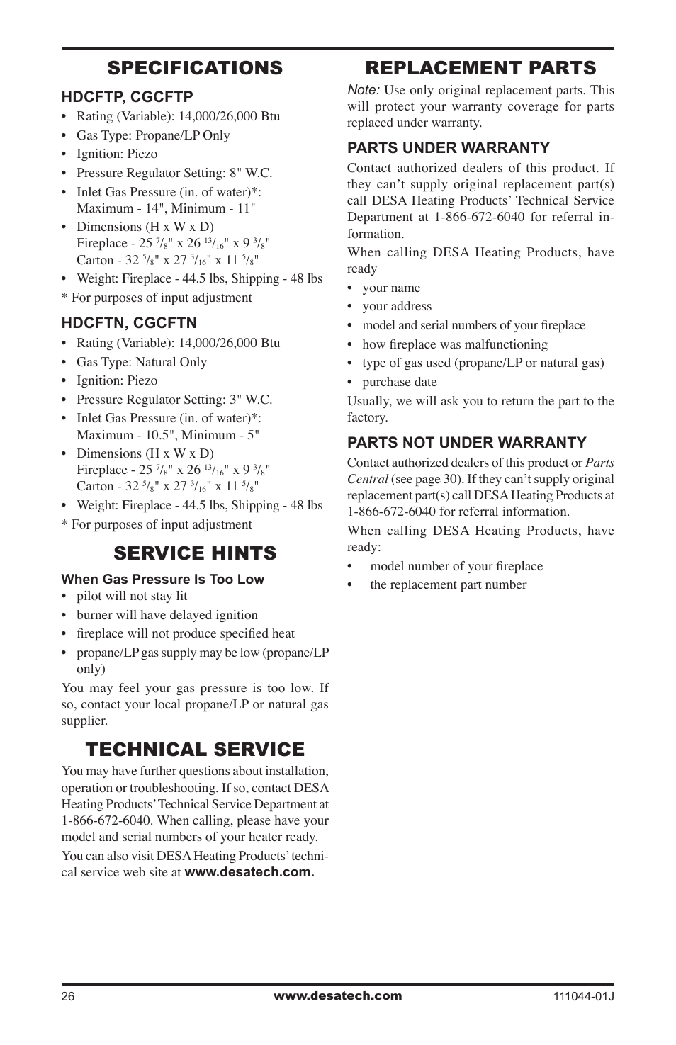 Specifications, Service hints, Technical service | Replacement parts | Desa CGCFTP  EN User Manual | Page 26 / 32