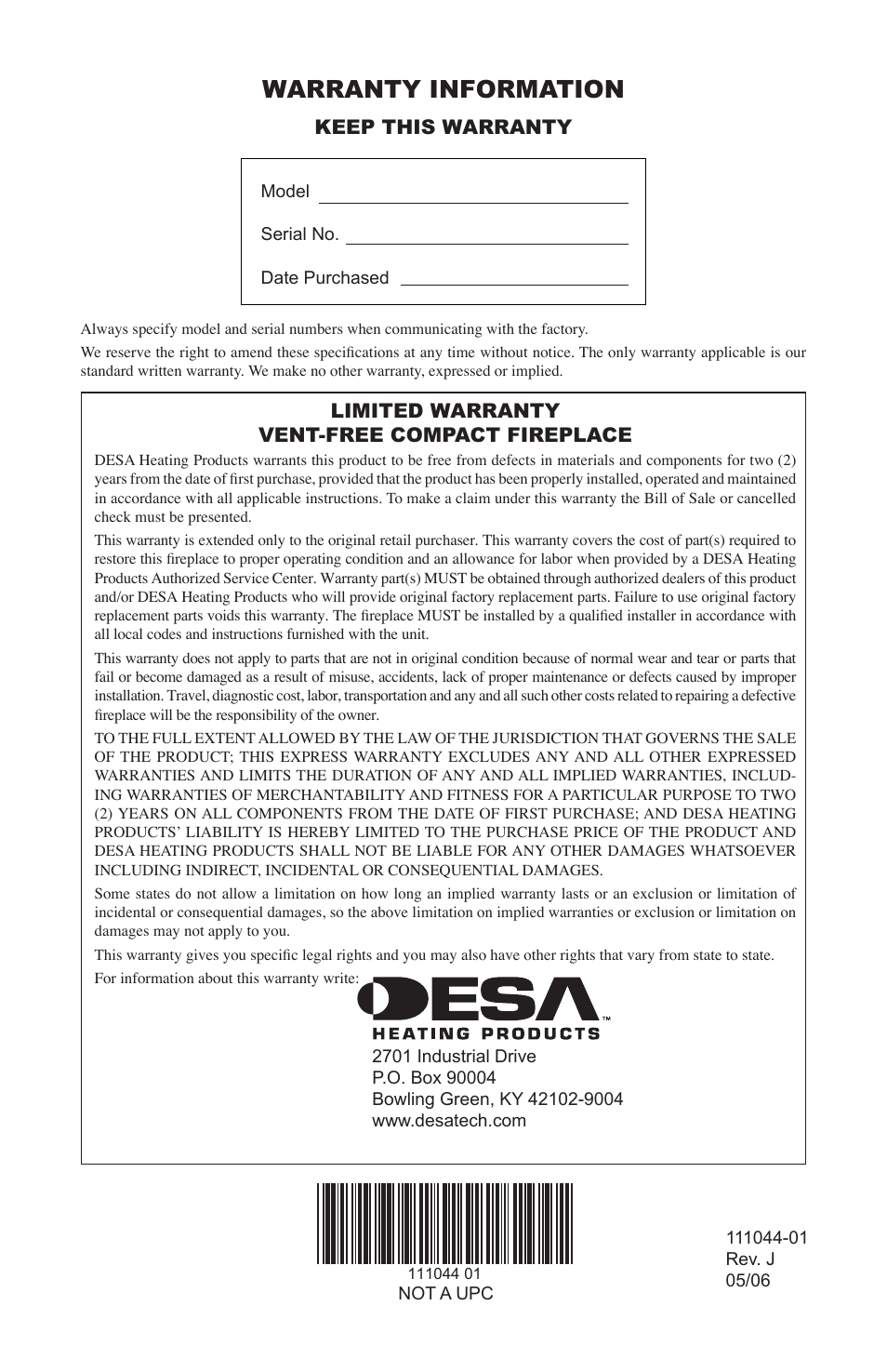 Warranty information, Keep this warranty, Limited warranty vent-free compact fireplace | Desa CGCFTP  EN User Manual | Page 32 / 32