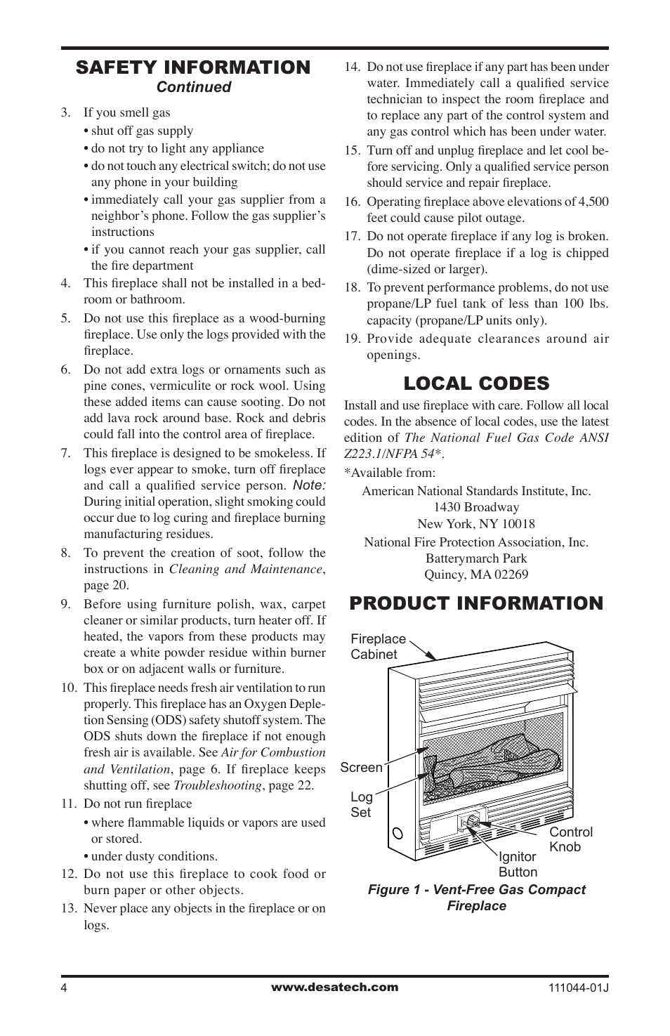 Local codes, Product information, Safety information | Desa CGCFTP  EN User Manual | Page 4 / 32