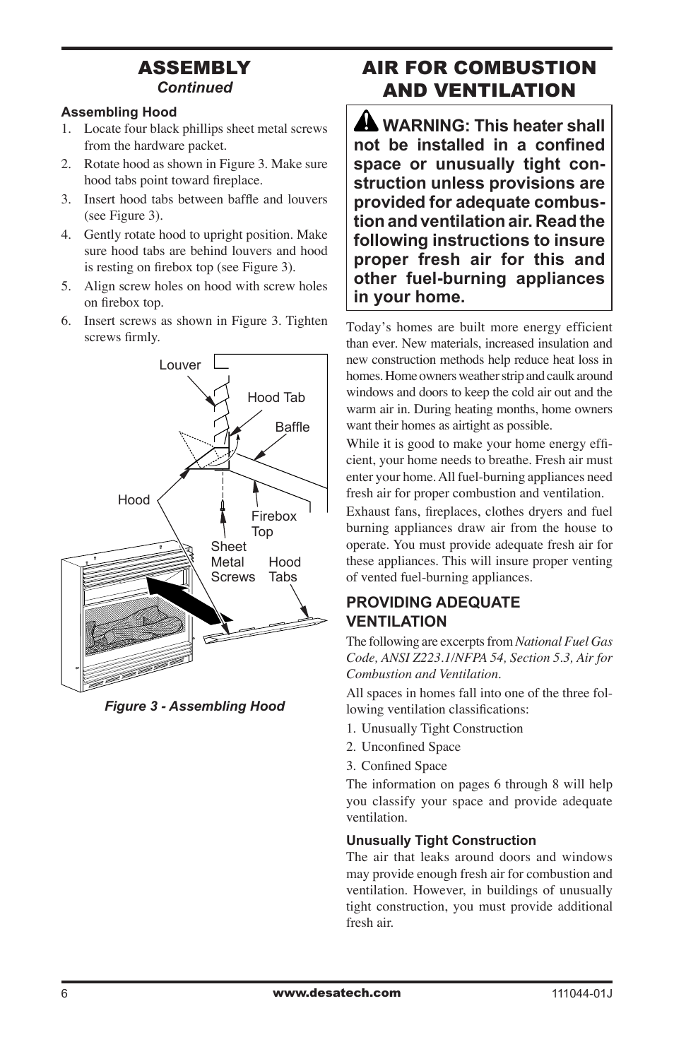 Air for combustion and ventilation, Assembly | Desa CGCFTP  EN User Manual | Page 6 / 32