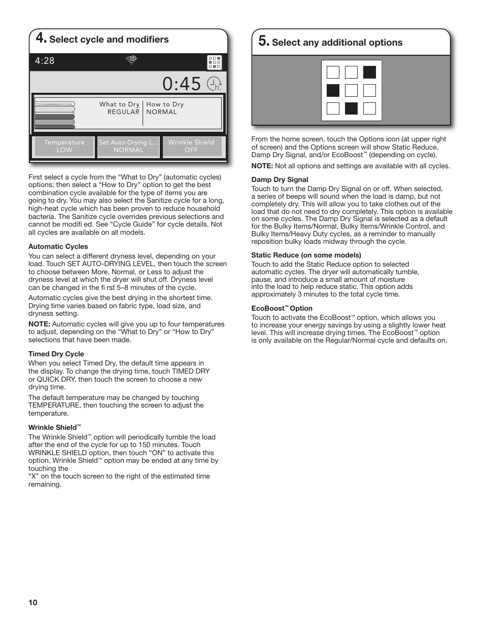 Select cycle and modifi ers, Select any additional options | Whirlpool 27 Inch Gas Smart Dryer Use and Care Guide User Manual | Page 10 / 48
