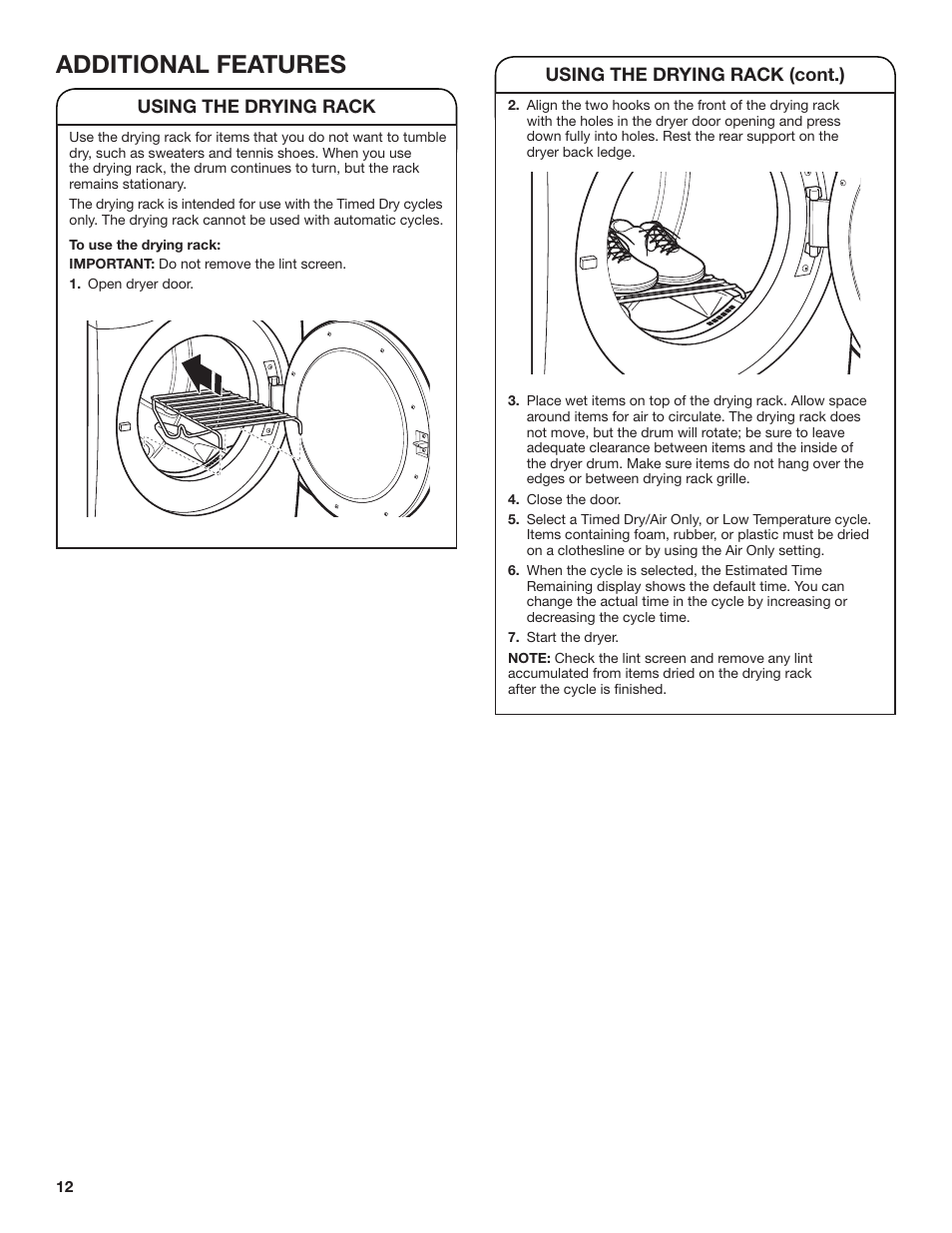 Additional features, Using the drying rack, Using the drying rack (cont.) | Whirlpool 27 Inch Gas Smart Dryer Use and Care Guide User Manual | Page 12 / 48
