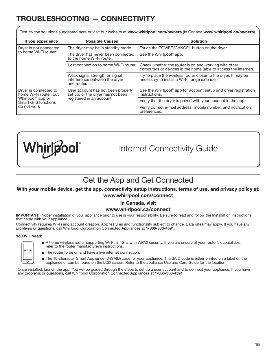 Internet connectivity guide, Get the app and get connected, Troubleshooting — connectivity | Whirlpool 27 Inch Gas Smart Dryer Use and Care Guide User Manual | Page 15 / 48