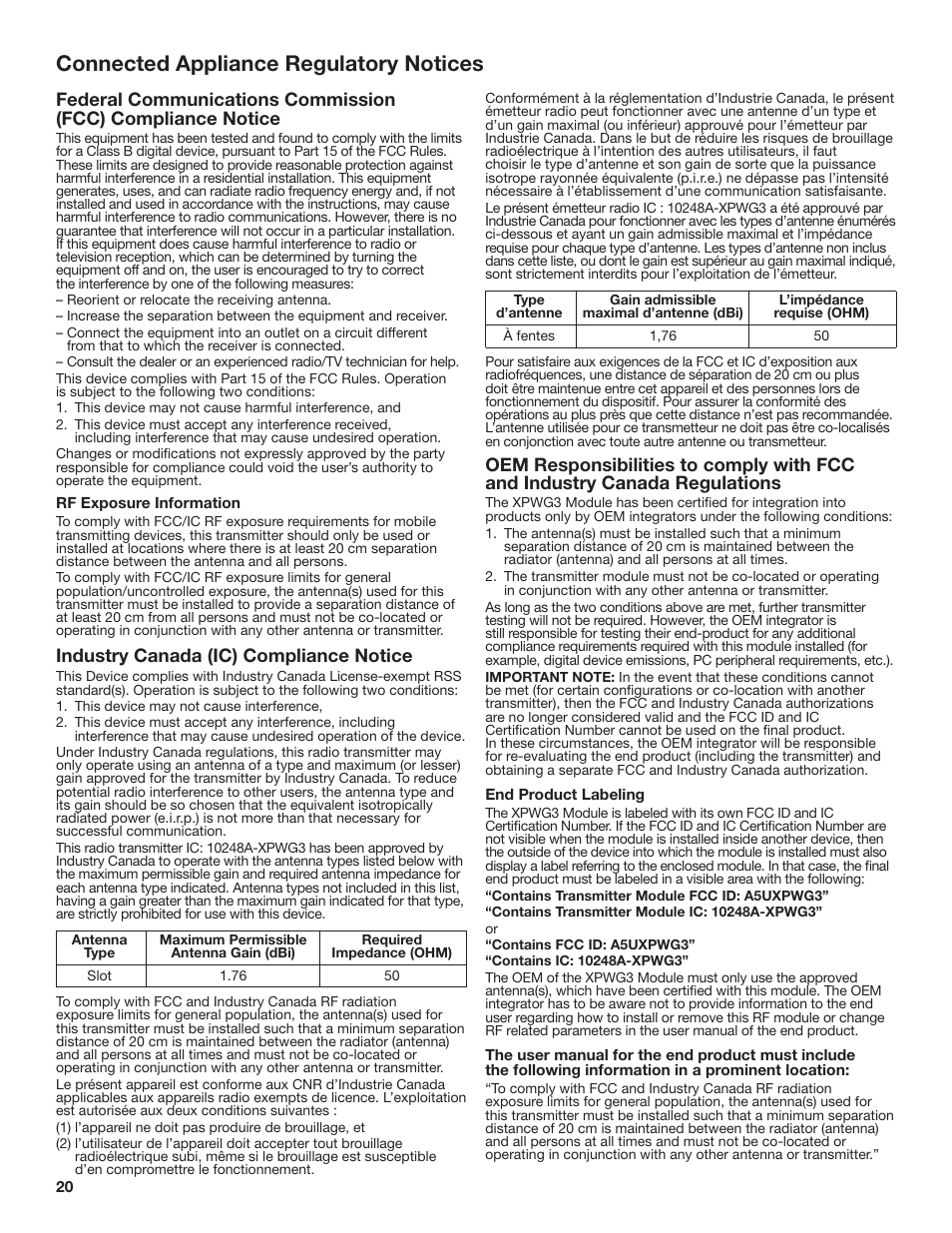 Connected appliance regulatory notices, Industry canada (ic) compliance notice | Whirlpool 27 Inch Gas Smart Dryer Use and Care Guide User Manual | Page 20 / 48