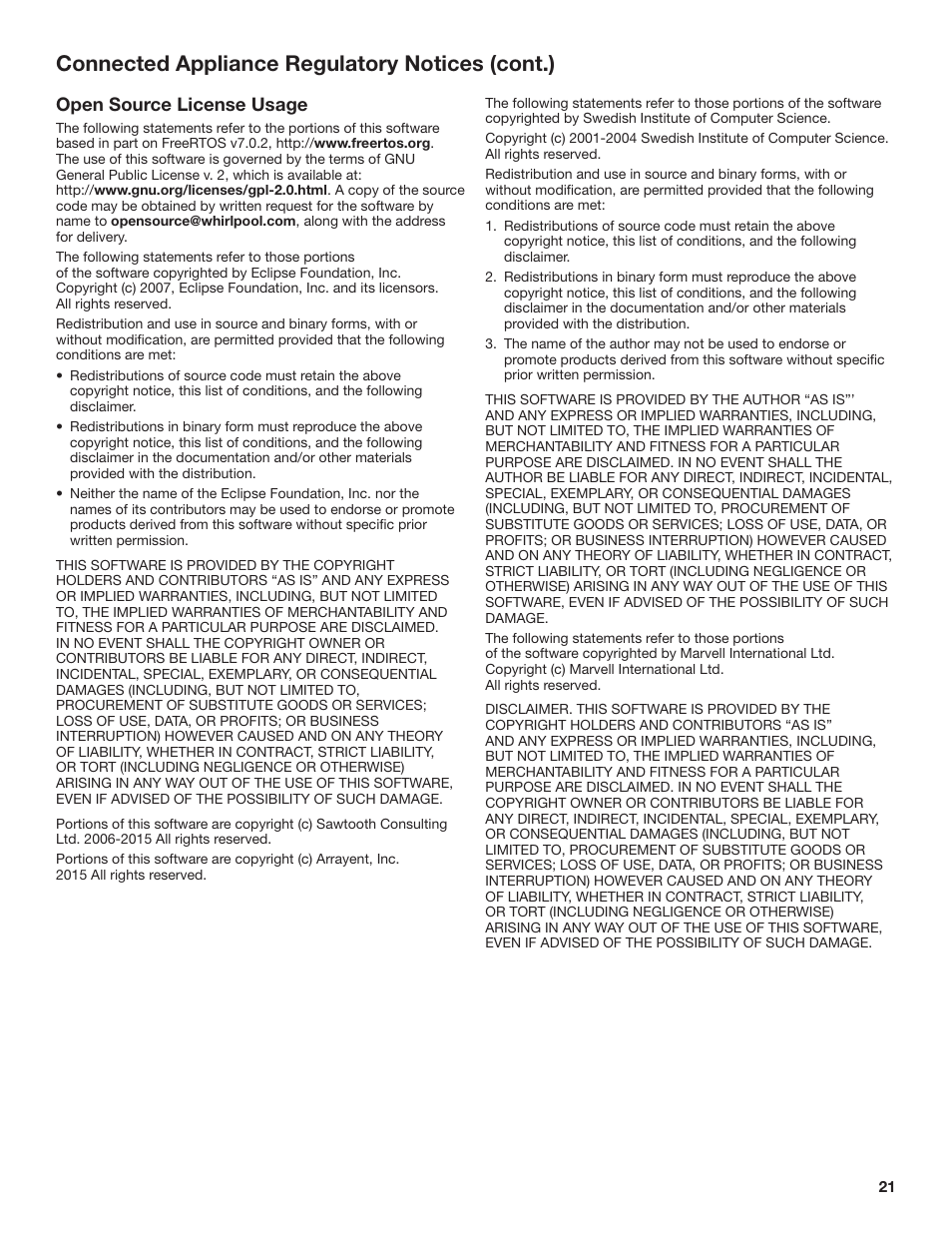 Connected appliance regulatory notices (cont.), Open source license usage | Whirlpool 27 Inch Gas Smart Dryer Use and Care Guide User Manual | Page 21 / 48