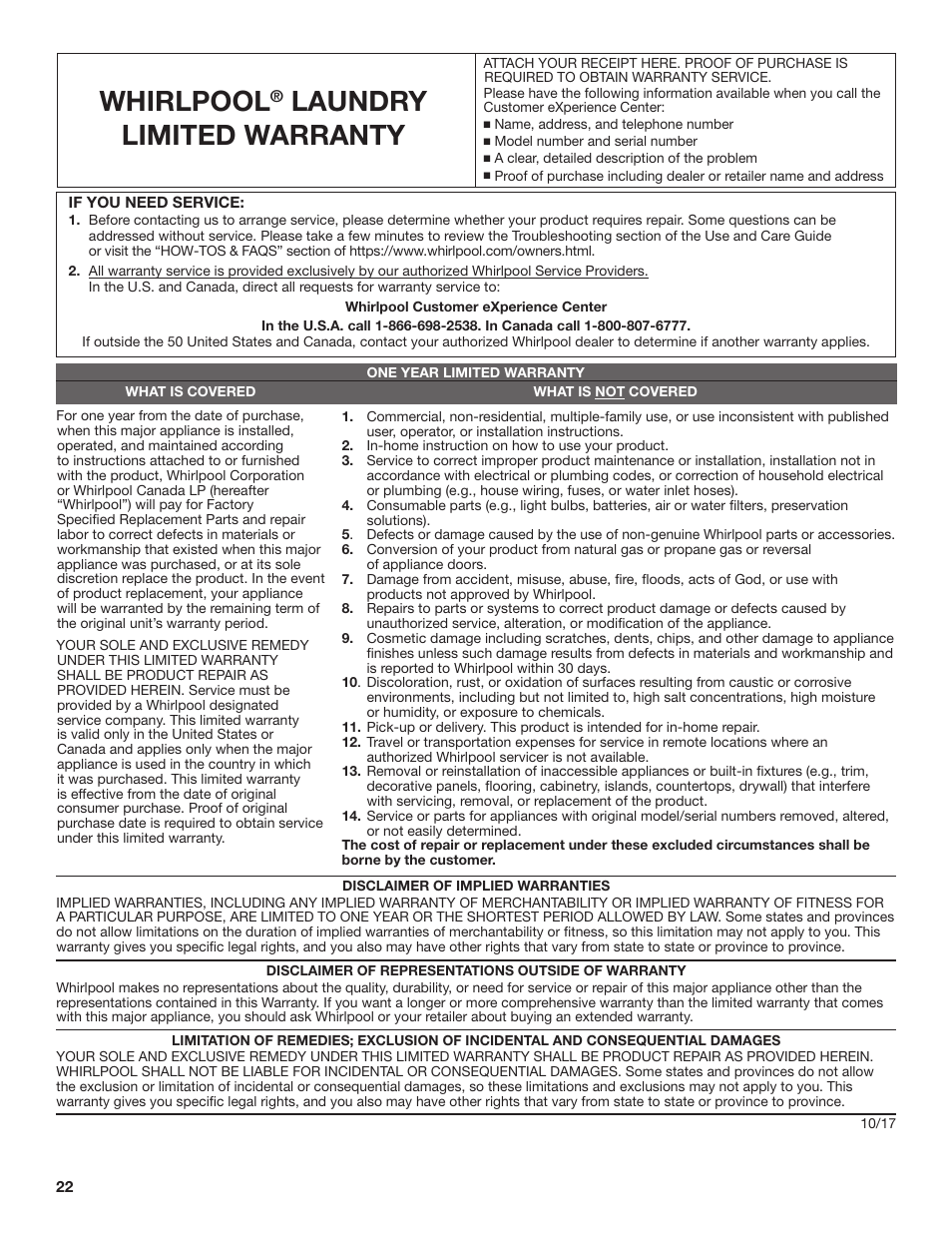 Whirlpool, Laundry limited warranty | Whirlpool 27 Inch Gas Smart Dryer Use and Care Guide User Manual | Page 22 / 48