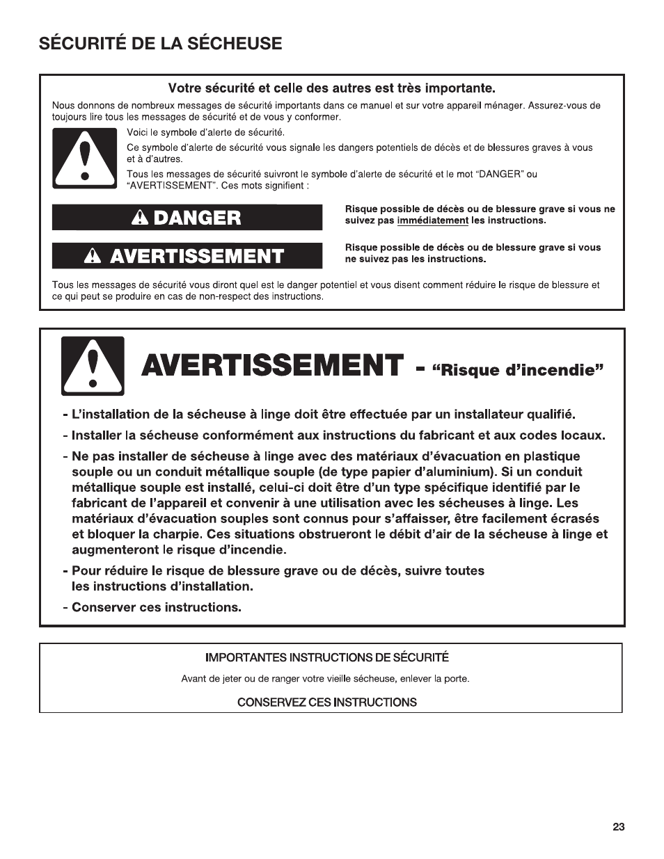 Sécurité de la sécheuse | Whirlpool 27 Inch Gas Smart Dryer Use and Care Guide User Manual | Page 23 / 48