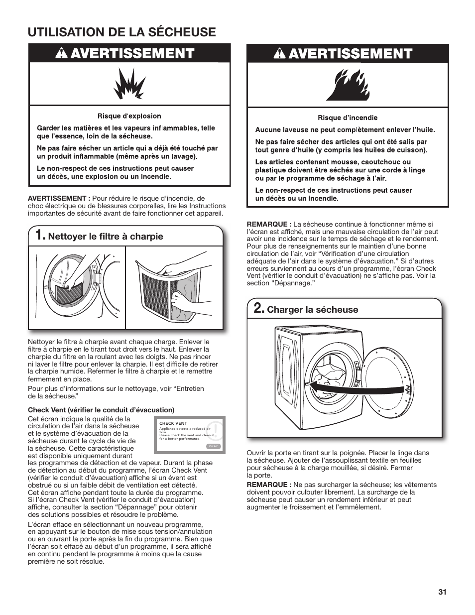 Utilisation de la sécheuse, Nettoyer le fi ltre à charpie, Charger la sécheuse | Whirlpool 27 Inch Gas Smart Dryer Use and Care Guide User Manual | Page 31 / 48