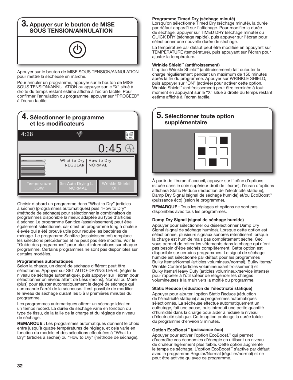 Sélectionner le programme et les modifi cateurs, Sélectionner toute option supplémentaire | Whirlpool 27 Inch Gas Smart Dryer Use and Care Guide User Manual | Page 32 / 48