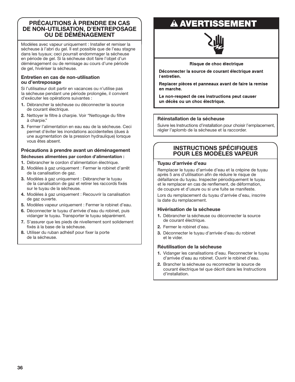 Instructions spécifiques pour les modèles vapeur | Whirlpool 27 Inch Gas Smart Dryer Use and Care Guide User Manual | Page 36 / 48