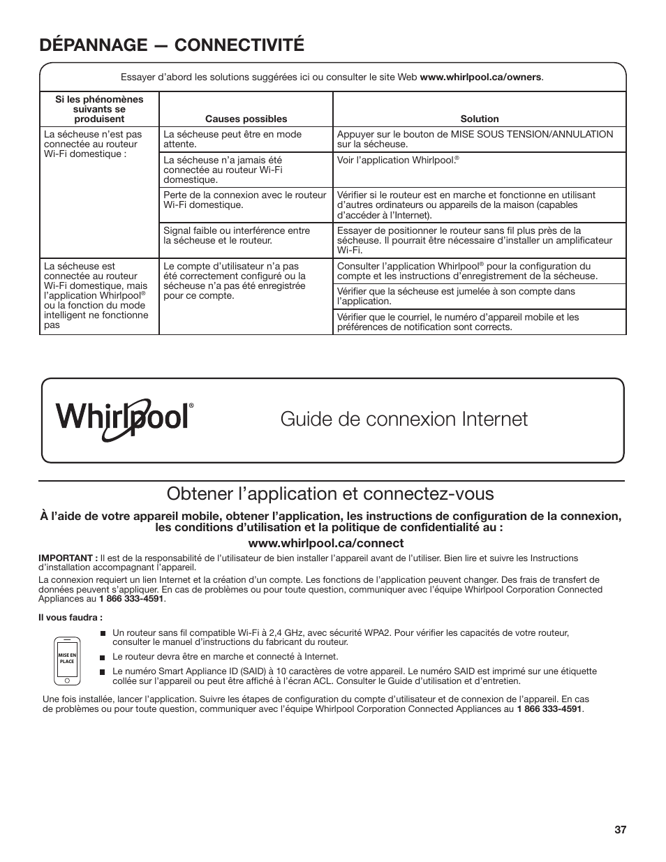 Guide de connexion internet, Obtener l’application et connectez-vous, Dépannage — connectivité | Whirlpool 27 Inch Gas Smart Dryer Use and Care Guide User Manual | Page 37 / 48