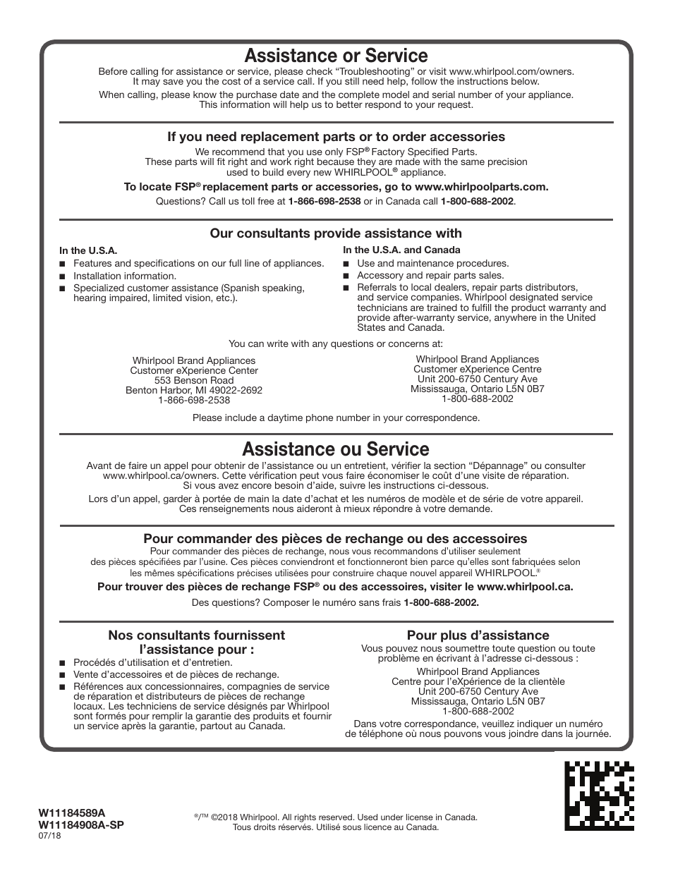 Assistance or service, Assistance ou service, Our consultants provide assistance with | Pour plus d’assistance, Nos consultants fournissent l’assistance pour | Whirlpool 27 Inch Gas Smart Dryer Use and Care Guide User Manual | Page 48 / 48