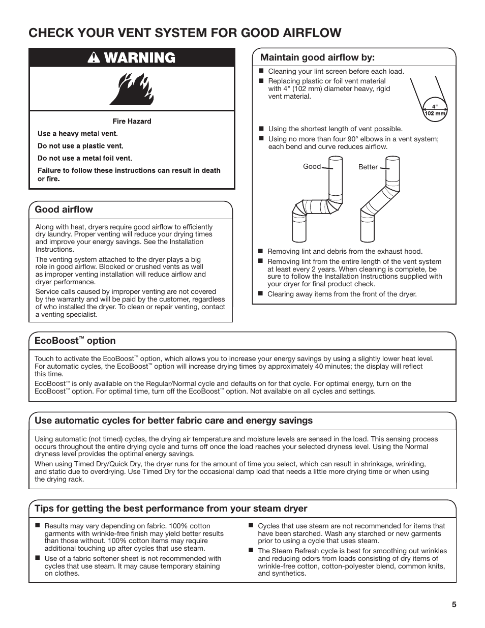 Check your vent system for good airflow, Good airflow maintain good airflow by, Ecoboost | Option | Whirlpool 27 Inch Gas Smart Dryer Use and Care Guide User Manual | Page 5 / 48