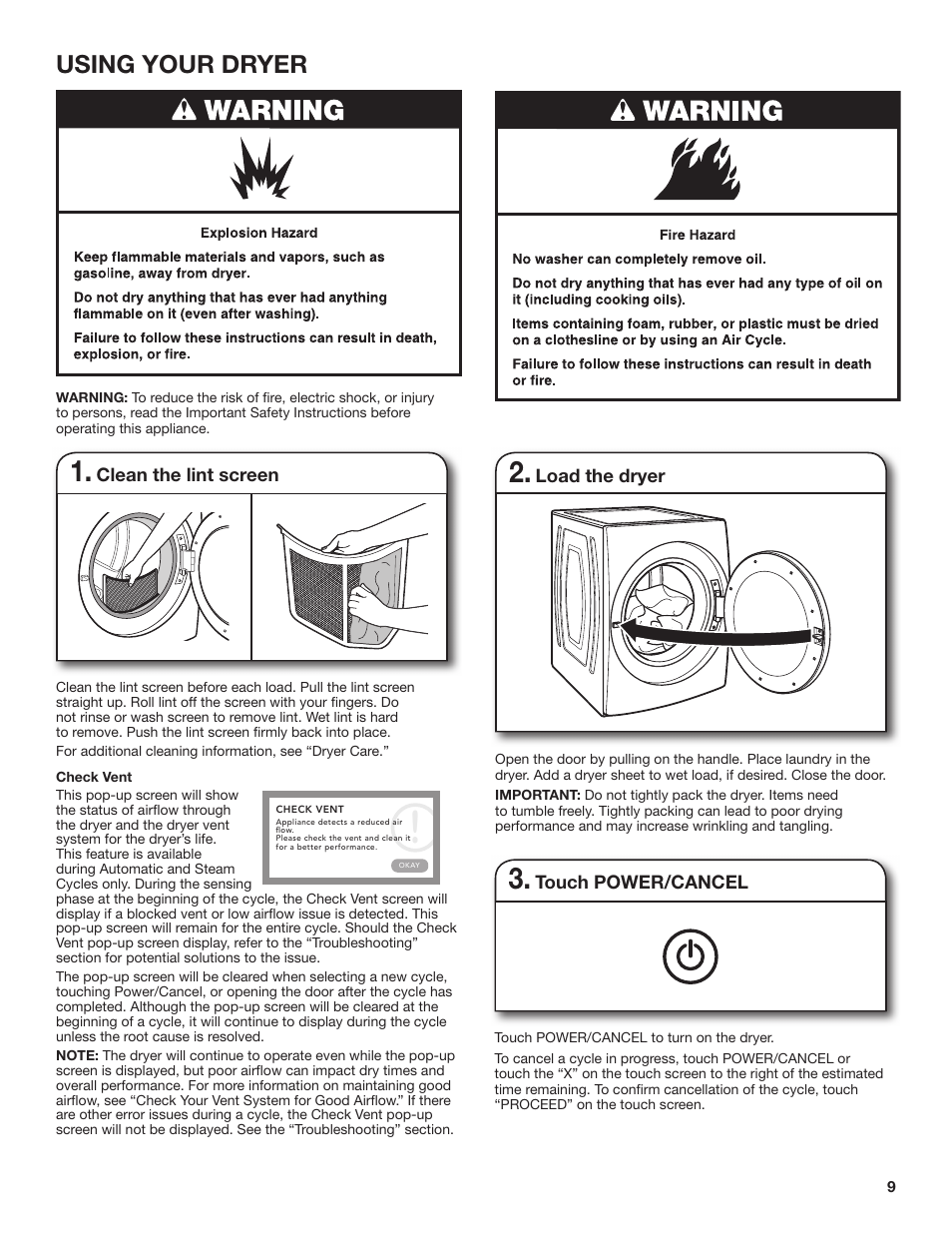 Using your dryer | Whirlpool 27 Inch Gas Smart Dryer Use and Care Guide User Manual | Page 9 / 48