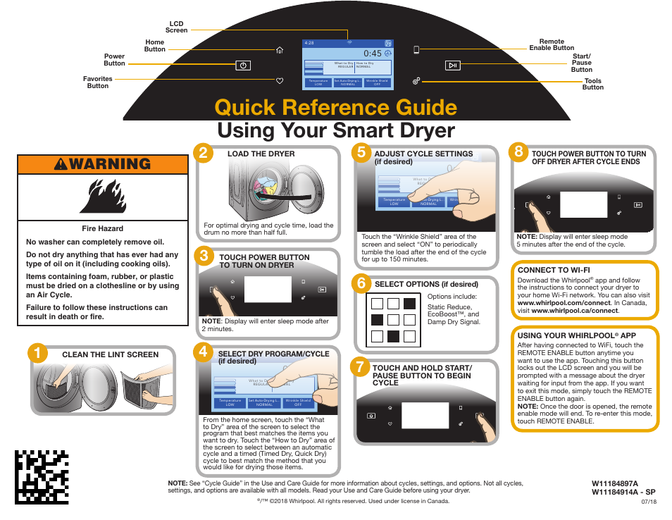 Whirlpool 27 Inch Gas Smart Dryer Quick Start Guide User Manual | 2 pages