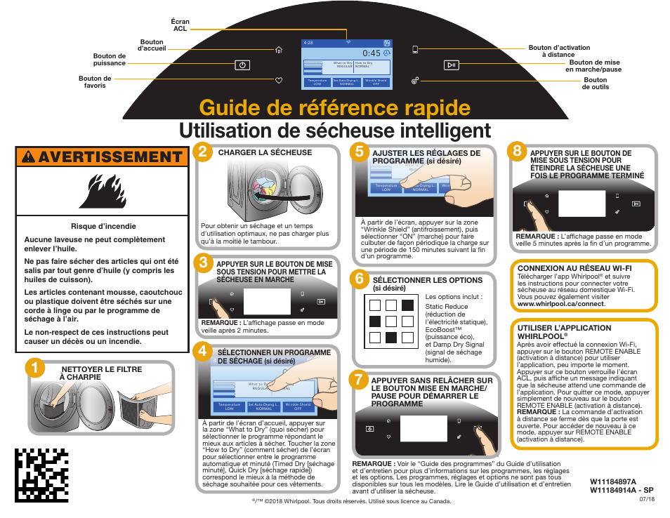 Guide de référence rapide, Utilisation de sécheuse intelligent, Avertissement | Whirlpool 27 Inch Gas Smart Dryer Quick Start Guide User Manual | Page 2 / 2