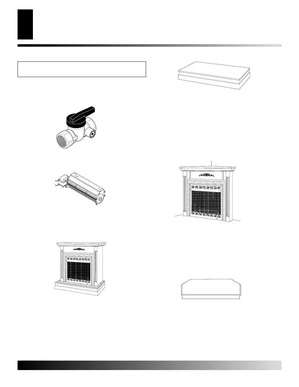 Accessories, Corner hearth base, Hardwood hearth base | Corner mantel, Equipment shutoff valve - ga5010, Cabinet mantel | Desa YGF33PRB User Manual | Page 34 / 40