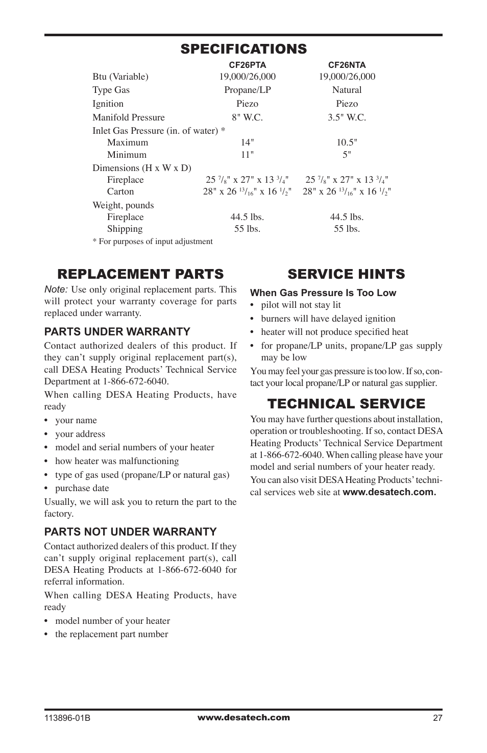 Specifications, Replacement parts, Service hints | Technical service | Desa CF26NTA User Manual | Page 27 / 36