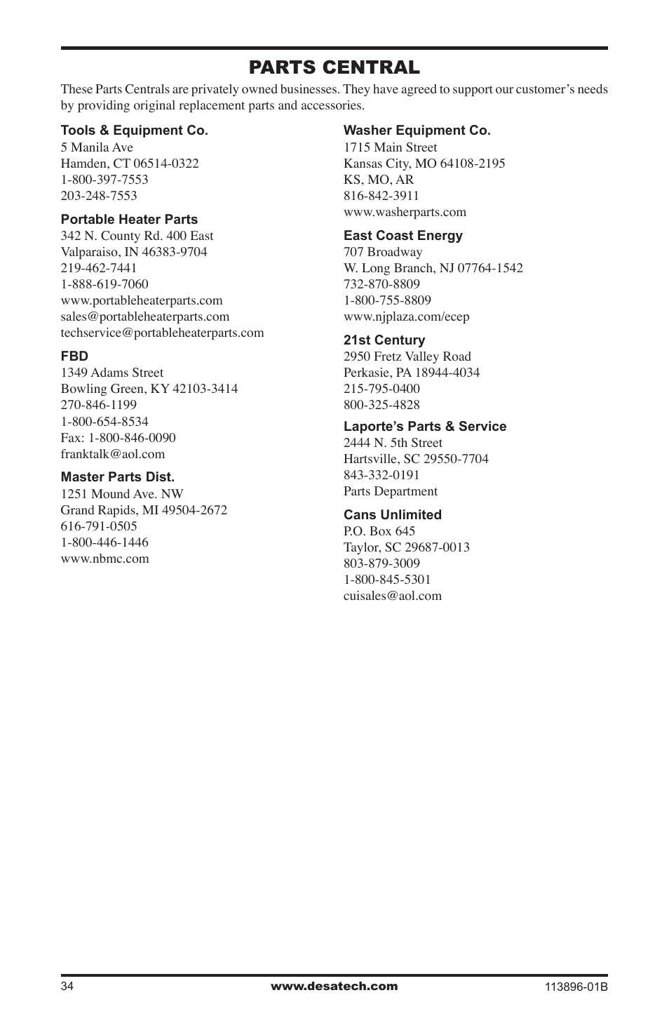 Parts central | Desa CF26NTA User Manual | Page 34 / 36
