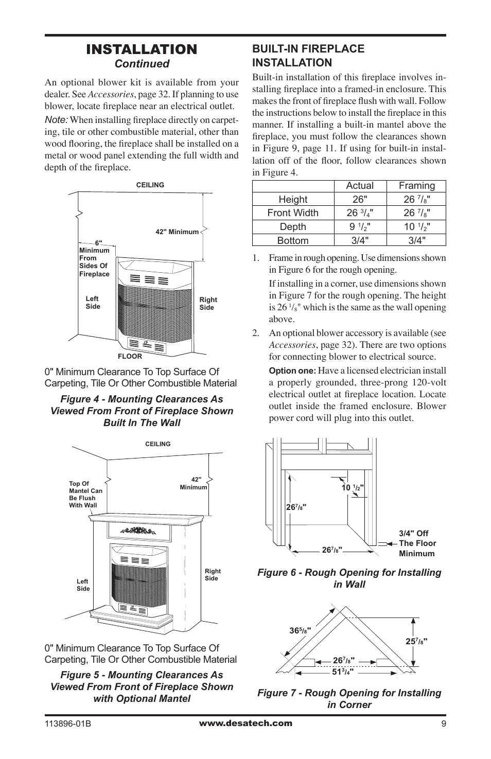 Installation, Built-in fireplace installation, Continued | Desa CF26NTA User Manual | Page 9 / 36