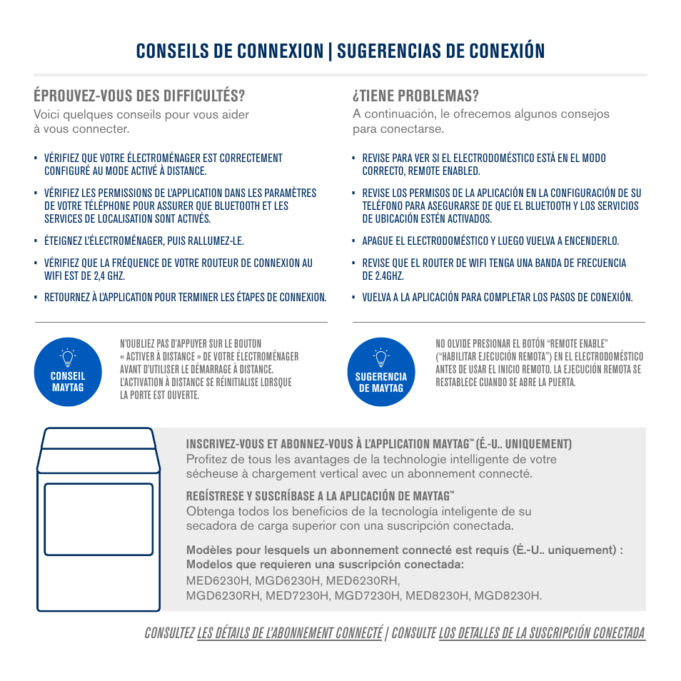 Conseils de connexion | sugerencias de conexión, Éprouvez-vous des difficultés, Tiene problemas | Maytag 27 Inch Gas Smart Dryer Internet Connectivity Guide User Manual | Page 13 / 14