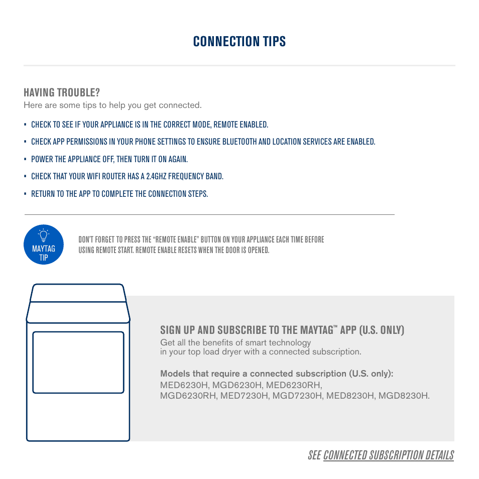 Connection tips, See connected subscription details, Having trouble | Sign up and subscribe to the maytag, App (u.s. only) | Maytag 27 Inch Gas Smart Dryer Internet Connectivity Guide User Manual | Page 6 / 14