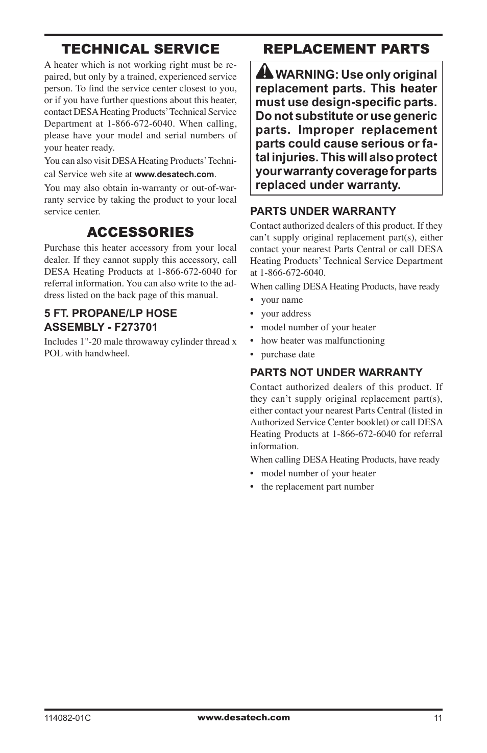 Technical service, Accessories, Replacement parts | Desa SPC-21PHTSA User Manual | Page 11 / 44