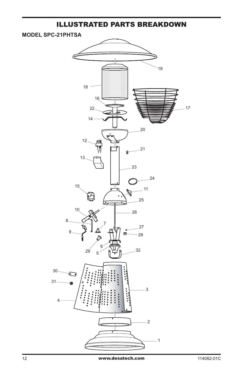 Illustrated parts breakdown, Model spc-21phtsa | Desa SPC-21PHTSA User Manual | Page 12 / 44