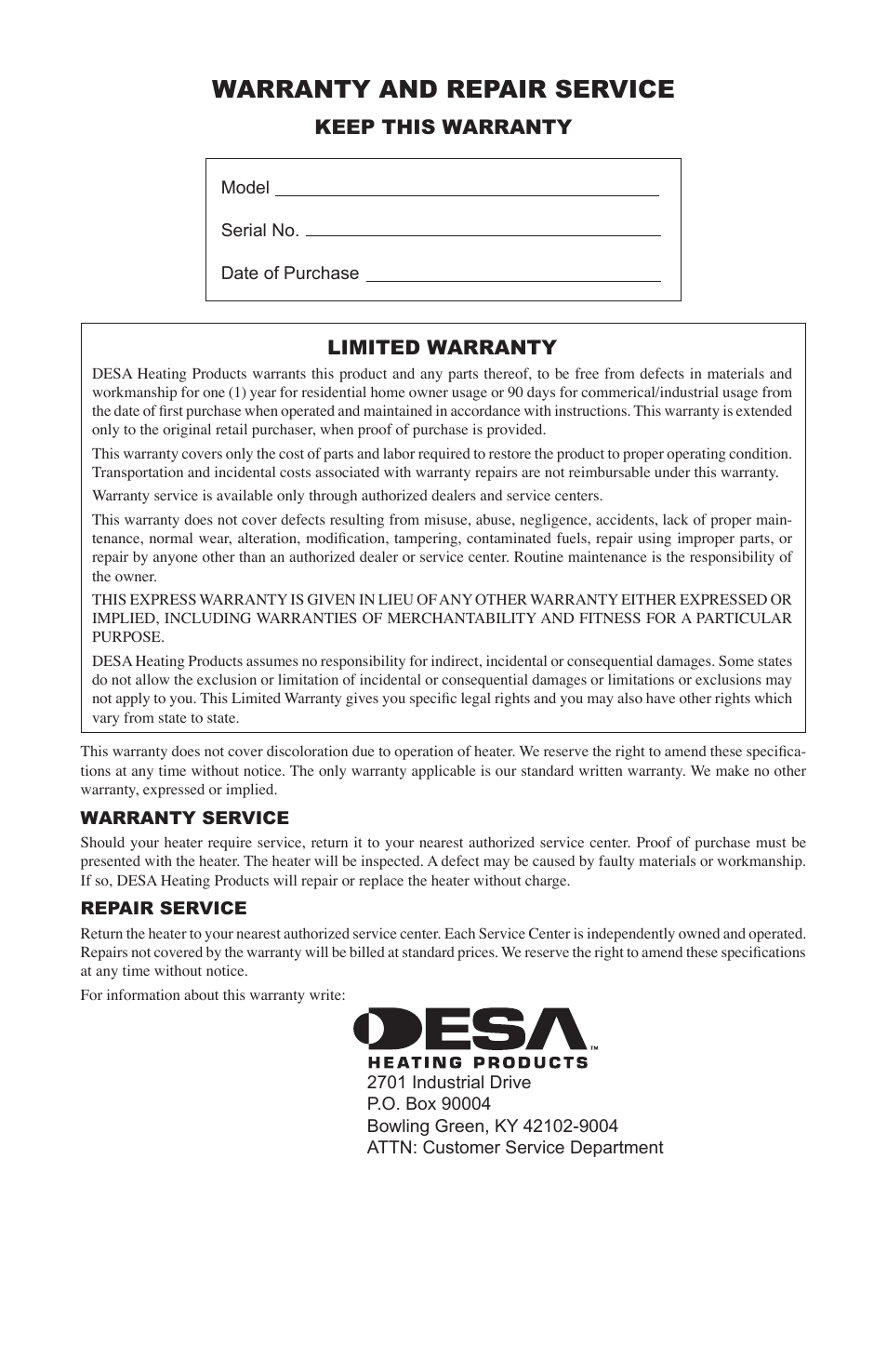 Warranty and repair service, Keep this warranty, Limited warranty | Desa SPC-21PHTSA User Manual | Page 14 / 44