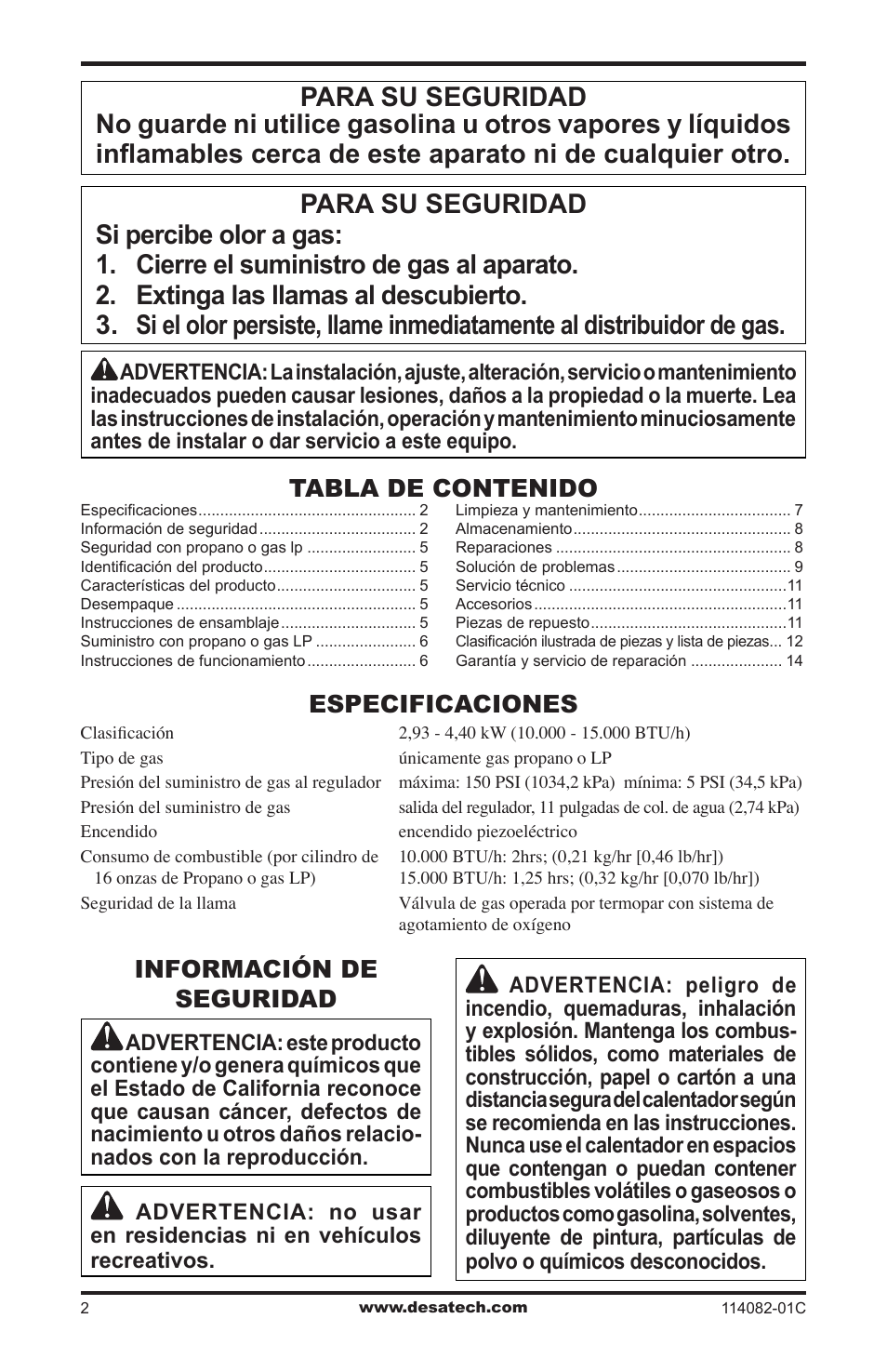 Especificaciones, Información de seguridad | Desa SPC-21PHTSA User Manual | Page 16 / 44
