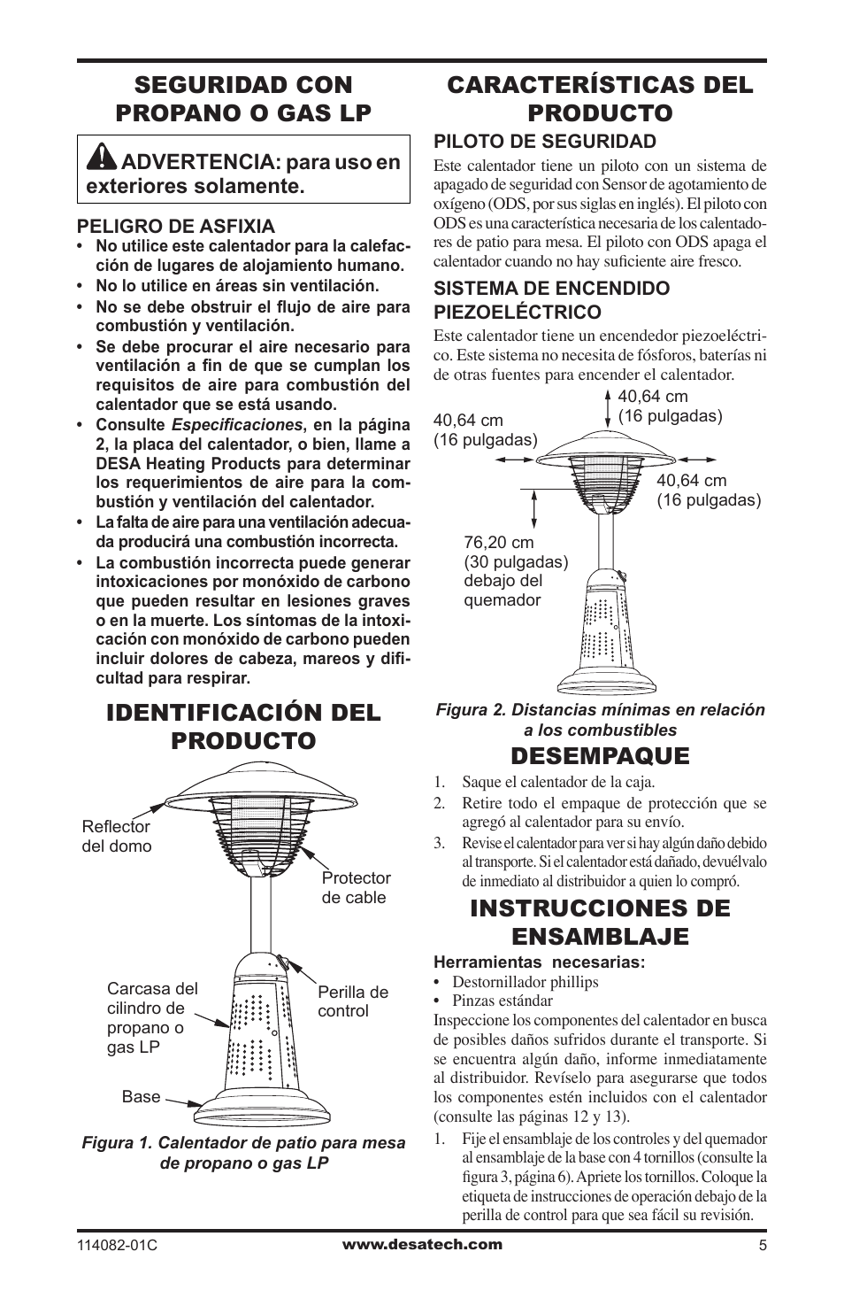 Seguridad con propano o gas lp, Identificación del producto, Características del producto | Desempaque, Instrucciones de ensamblaje, Advertencia: para uso en exteriores solamente | Desa SPC-21PHTSA User Manual | Page 19 / 44