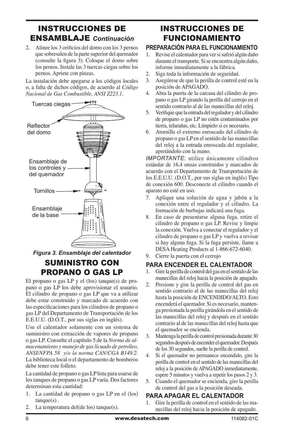 Suministro con propano o gas lp, Instrucciones de funcionamiento, Instrucciones de ensamblaje | Desa SPC-21PHTSA User Manual | Page 20 / 44