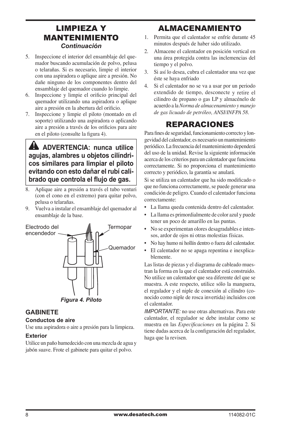 Almacenamiento, Reparaciones, Limpieza y mantenimiento | Desa SPC-21PHTSA User Manual | Page 22 / 44