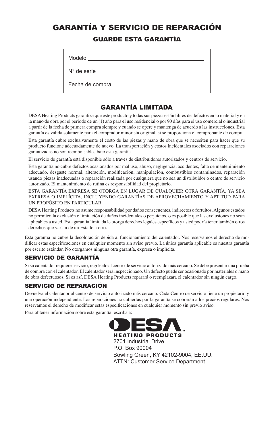 Garantía y servicio de reparación, Guarde esta garantía, Garantía limitada | Desa SPC-21PHTSA User Manual | Page 28 / 44