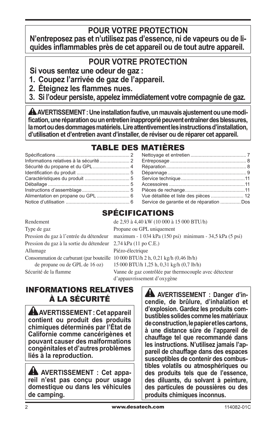 Spécifications, Informations relatives à la sécurité | Desa SPC-21PHTSA User Manual | Page 30 / 44