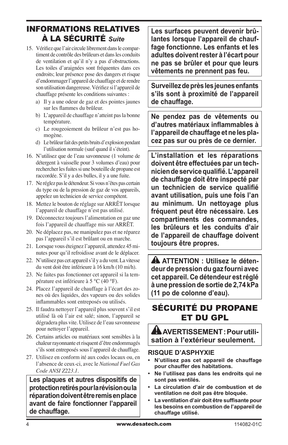 Sécurité du propane et du gpl, Informations relatives à la sécurité | Desa SPC-21PHTSA User Manual | Page 32 / 44