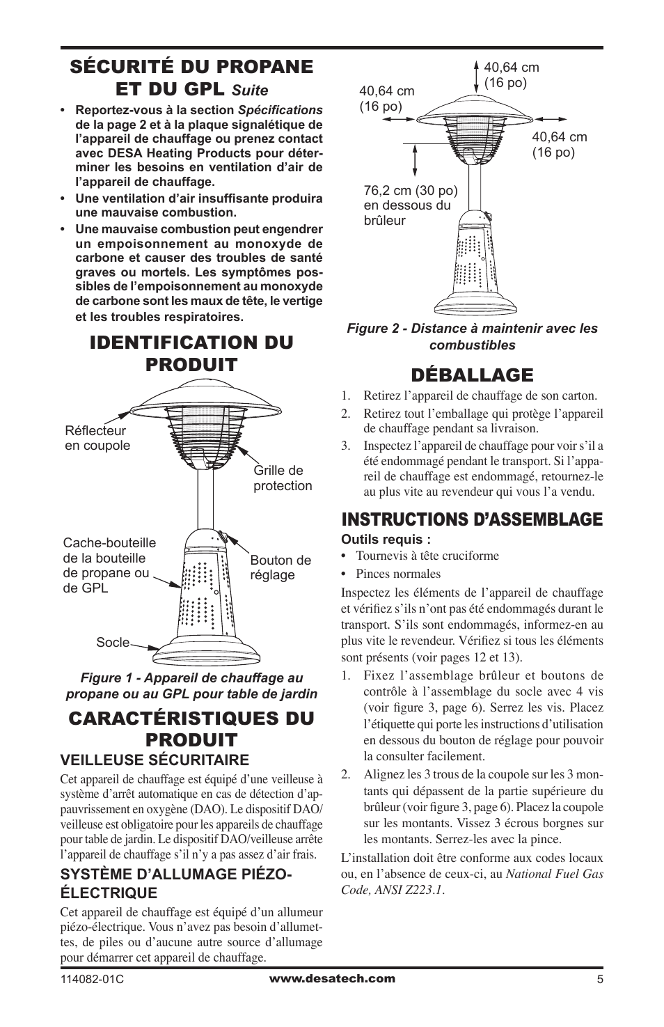 Identification du produit, Caractéristiques du produit, Déballage | Instructions d’assemblage, Sécurité du propane et du gpl | Desa SPC-21PHTSA User Manual | Page 33 / 44