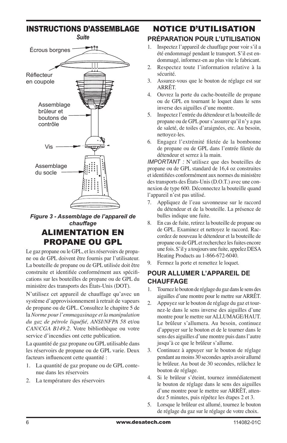 Alimentation en propane ou gpl, Notice d’utilisation, Instructions d’assemblage | Desa SPC-21PHTSA User Manual | Page 34 / 44