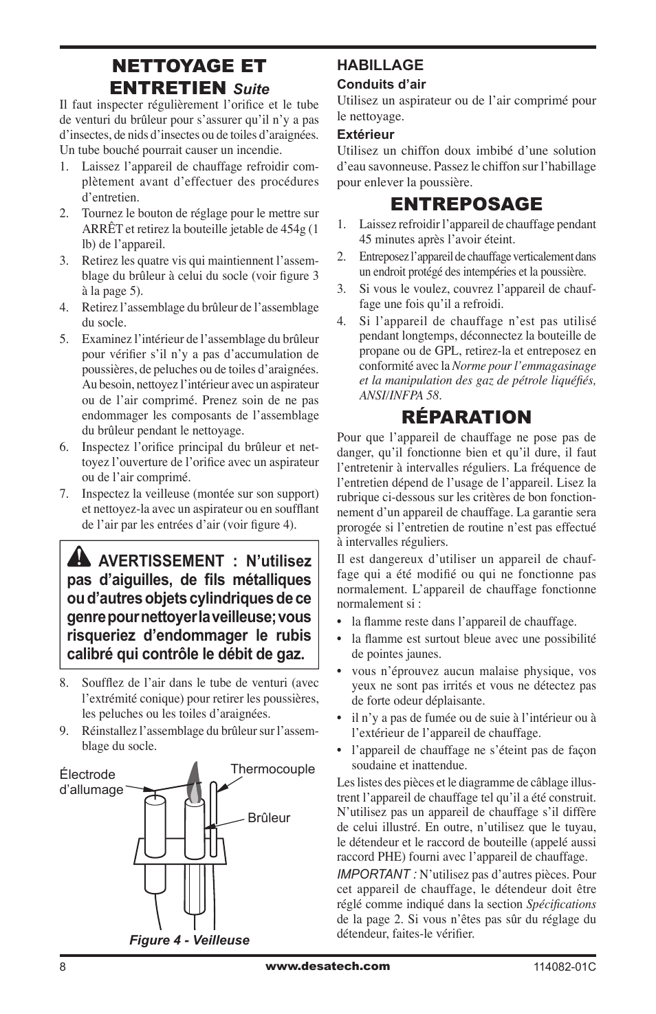 Entreposage, Réparation, Nettoyage et entretien | Desa SPC-21PHTSA User Manual | Page 36 / 44