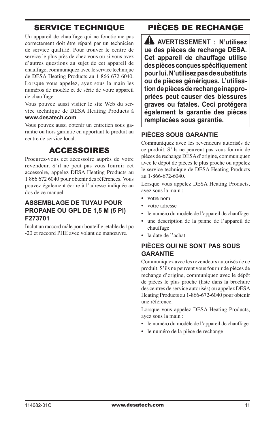 Service technique, Accessoires, Pièces de rechange | Desa SPC-21PHTSA User Manual | Page 39 / 44