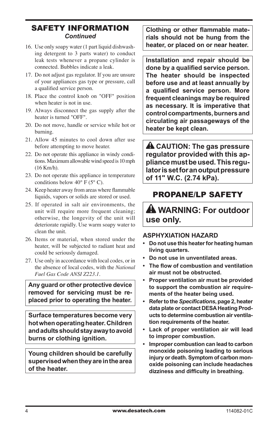 Propane/lp safety, Warning: for outdoor use only, Safety information | Desa SPC-21PHTSA User Manual | Page 4 / 44