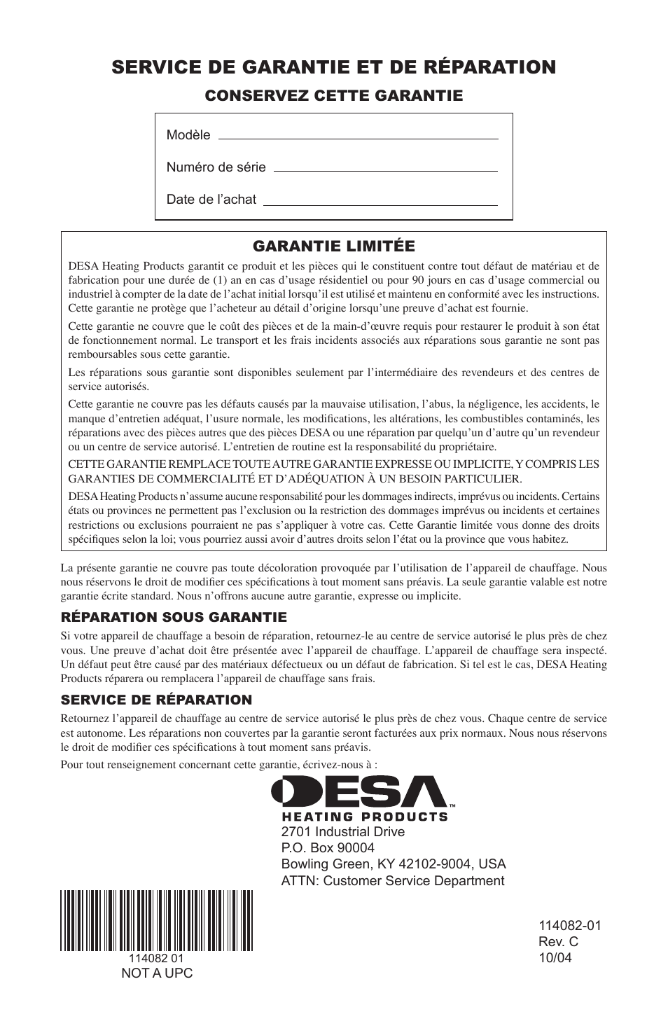 Service de garantie et de réparation, Garantie limitée, Conservez cette garantie | Desa SPC-21PHTSA User Manual | Page 44 / 44