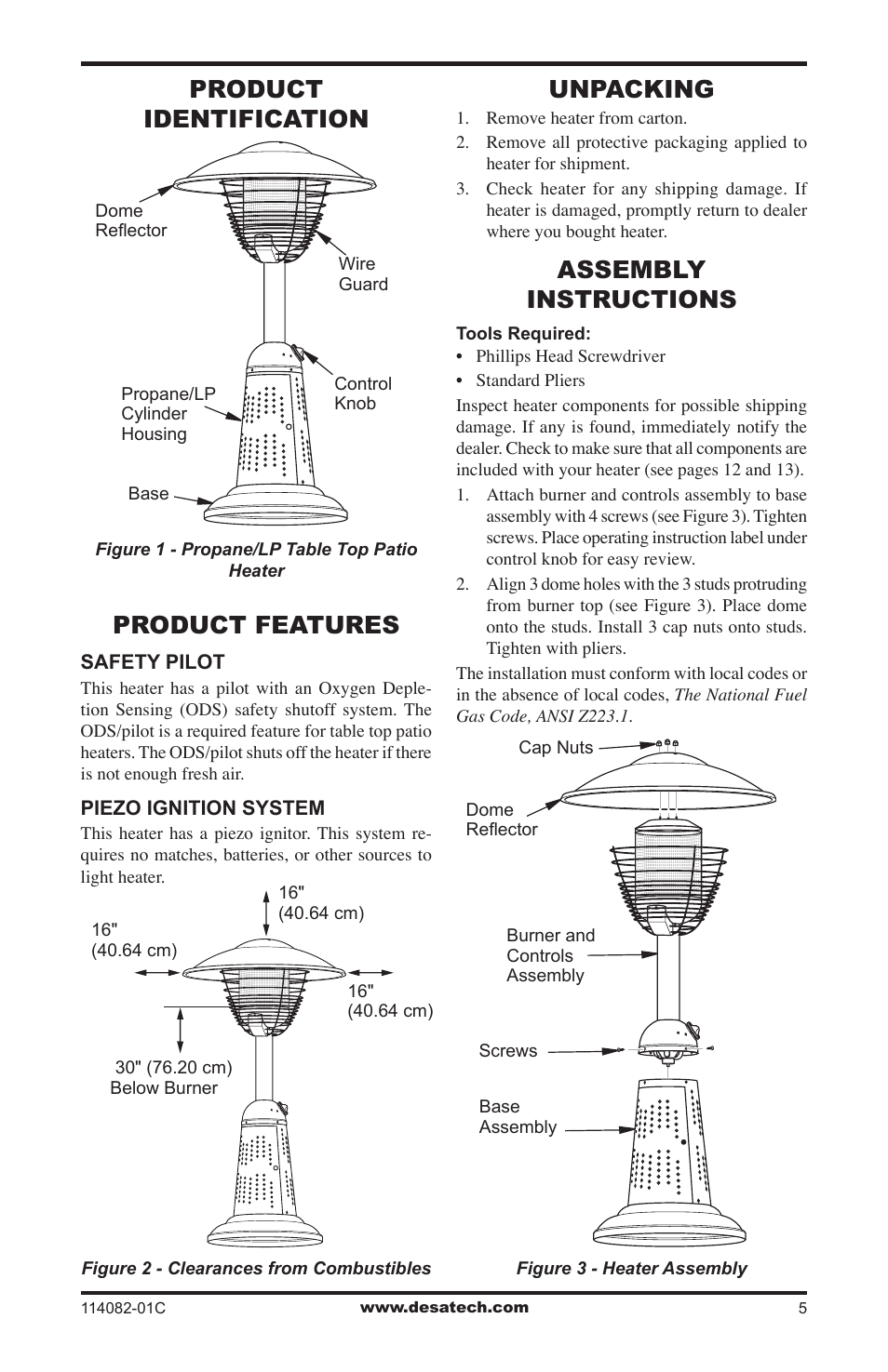 Product identification, Product features, Unpacking | Assembly instructions | Desa SPC-21PHTSA User Manual | Page 5 / 44