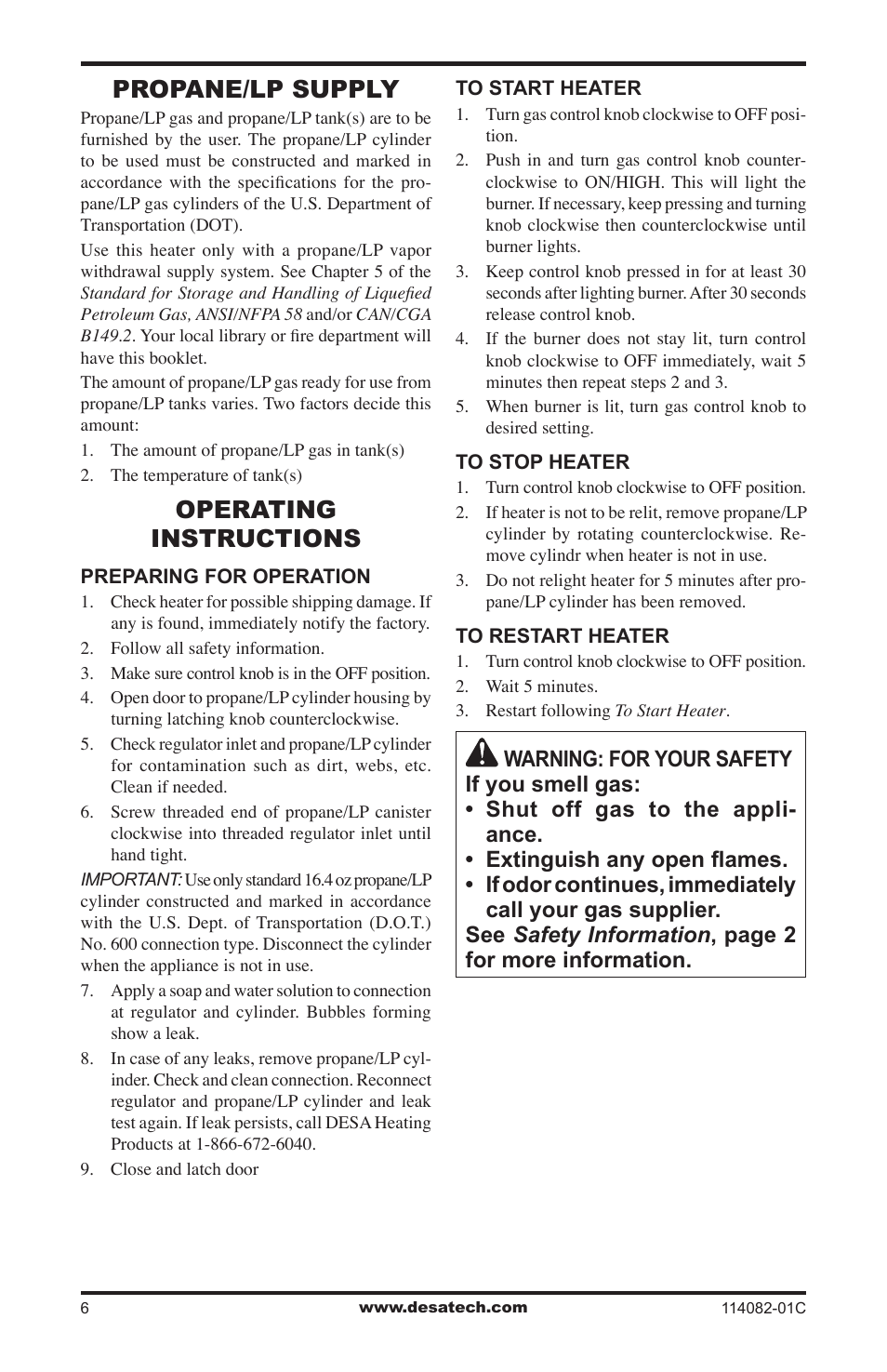 Propane/lp supply, Operating instructions | Desa SPC-21PHTSA User Manual | Page 6 / 44